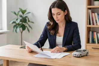 Femme en blazer marine étudiant un contrat de location avec option d'achat (LOA) à son bureau à domicile