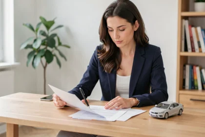 Femme en blazer marine étudiant un contrat de location avec option d'achat (LOA) à son bureau à domicile