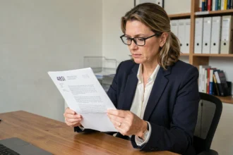 Femme consultant un document administratif 48SI dans un bureau officiel