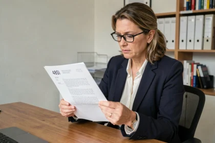 Femme consultant un document administratif 48SI dans un bureau officiel
