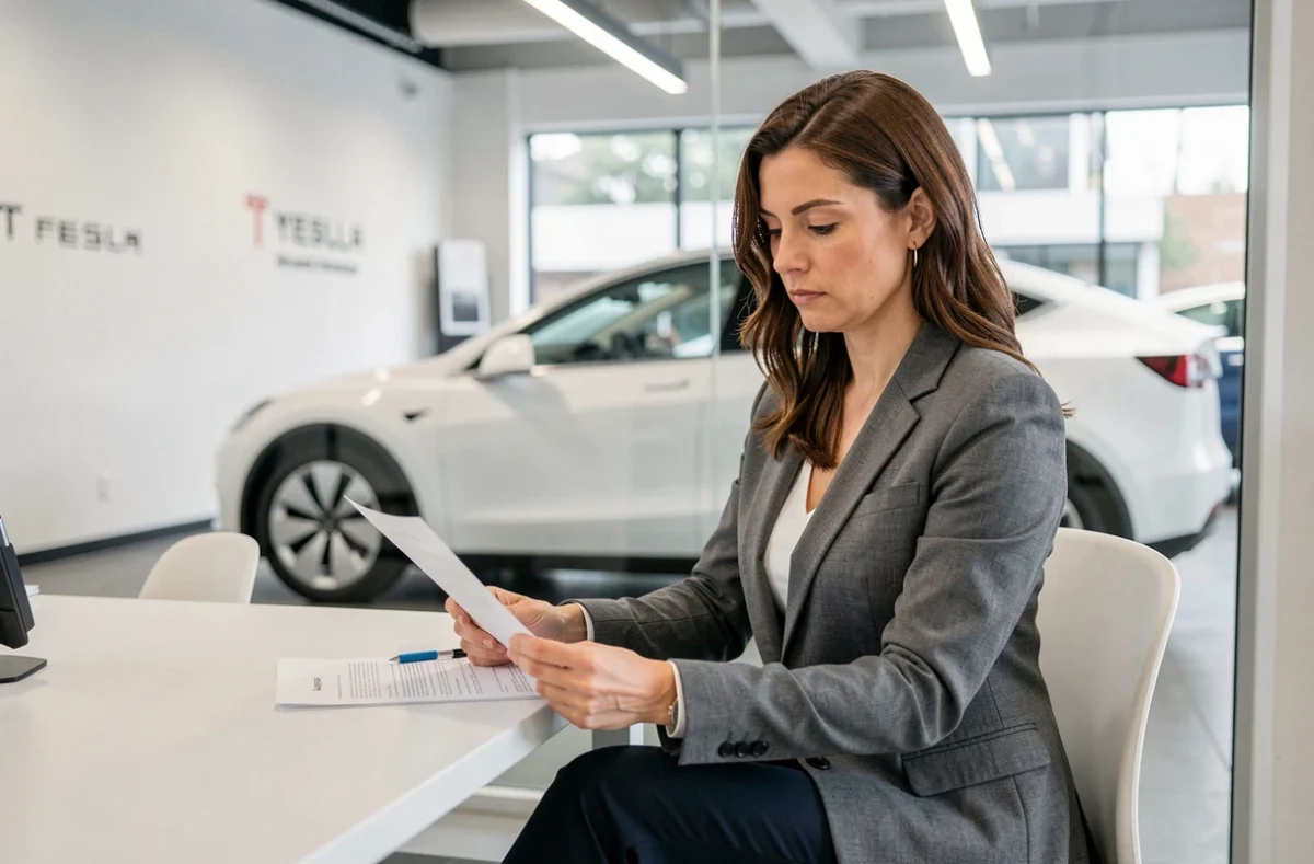 Une femme d'une trentaine d'années examine des documents dans un centre Tesla, avec une Model Y visible en arrière-plan à travers une baie vitrée