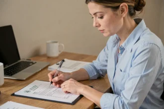 Femme remplissant un formulaire administratif de changement d'adresse pour son permis de conduire à son bureau à domicile