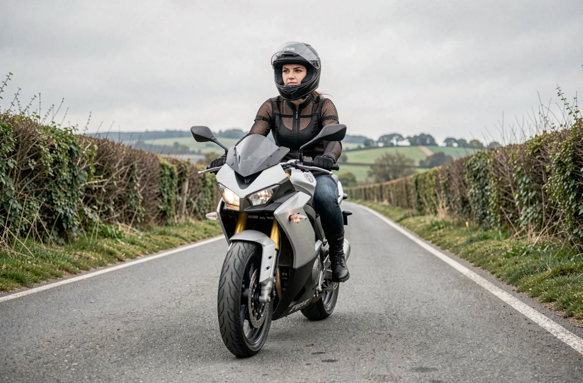 Femme motarde assise sur une moto 35kW adaptée au permis A2 sur une route de campagne française