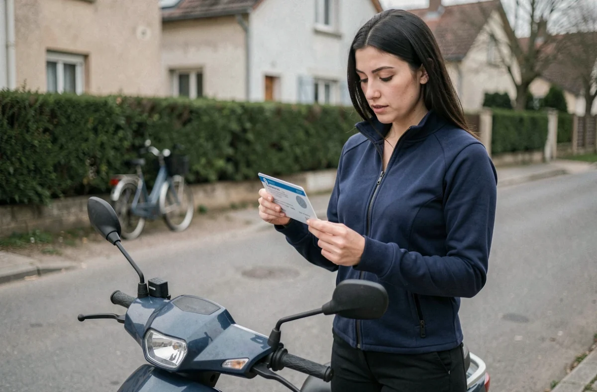 Femme tenant son permis B à côté d'un scooter 50cc dans une rue résidentielle, illustrant la réglementation de conduite