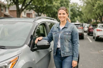 Femme tenant la portière d'un SUV compact avec permis B dans un parking résidentiel