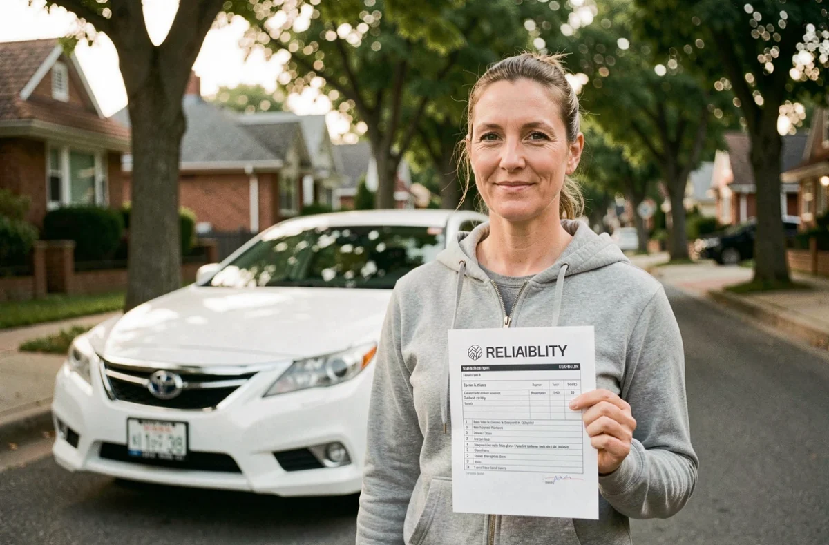 Femme satisfaite devant une voiture japonaise réputée pour sa fiabilité dans une rue résidentielle