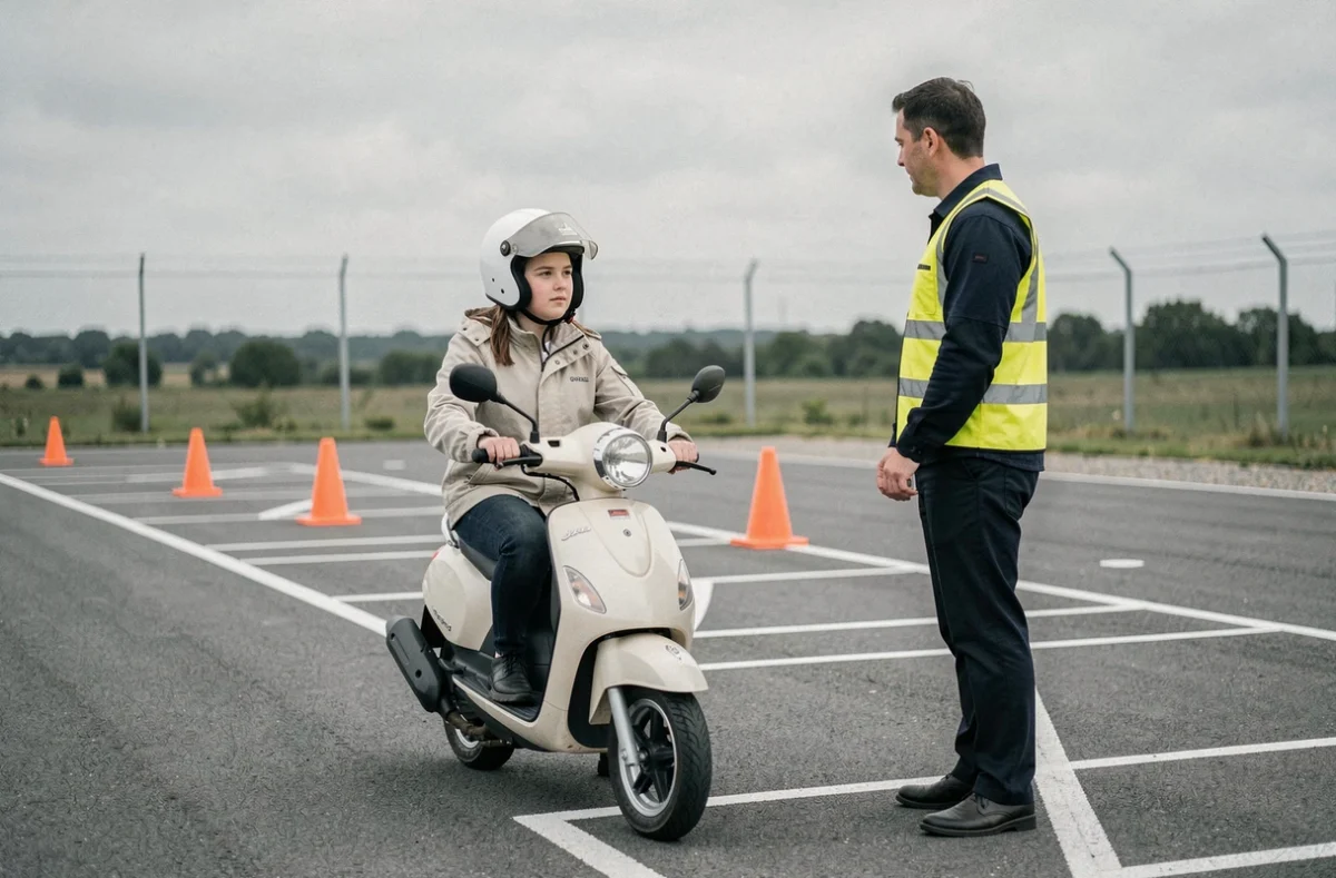 Jeune femme en casque sur un scooter 50cc lors d'une formation BSR sur circuit d'entraînement supervisée par un moniteur