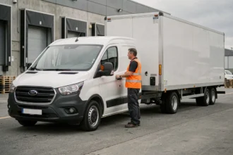 Conducteur inspectant l'attelage d'une fourgonnette 3,5 tonnes reliée à une remorque cargo dans un dépôt logistique