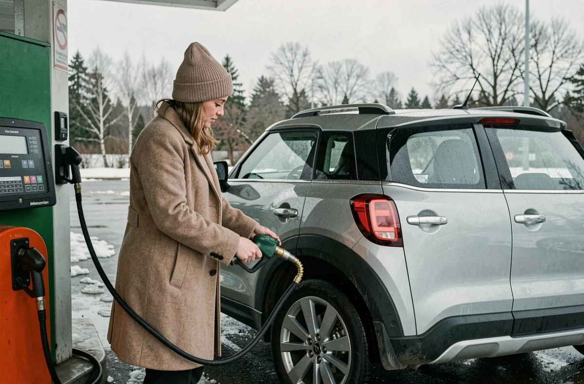 Femme gonflant un pneu hiver à la station-service avec une pompe numérique par temps froid