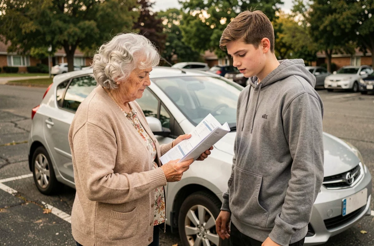 Grand-mère et petit-fils consultant le livret de conduite accompagnée devant une voiture garée