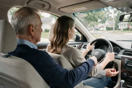 Grand-père accompagnant sa petite-fille lors d'une séance de conduite accompagnée dans une voiture moderne