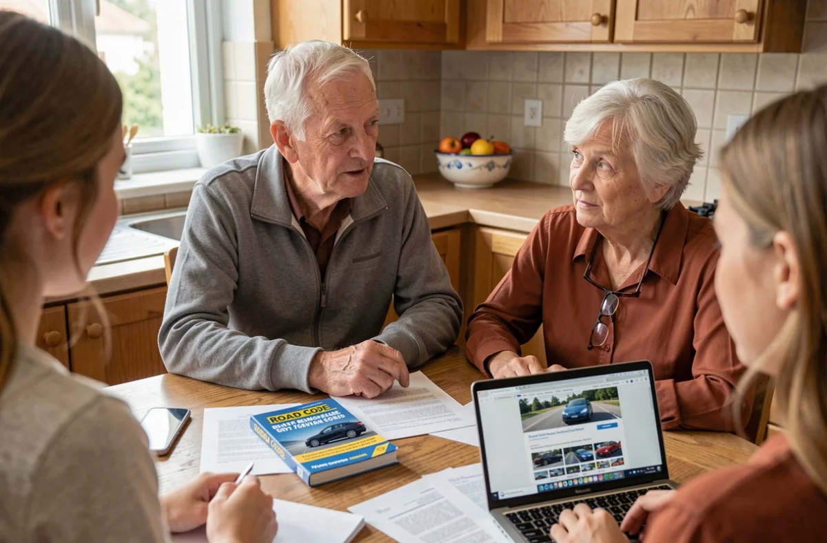 Grands-parents préparant la conduite accompagnée de leur petite-fille autour d'un livret de code de la route