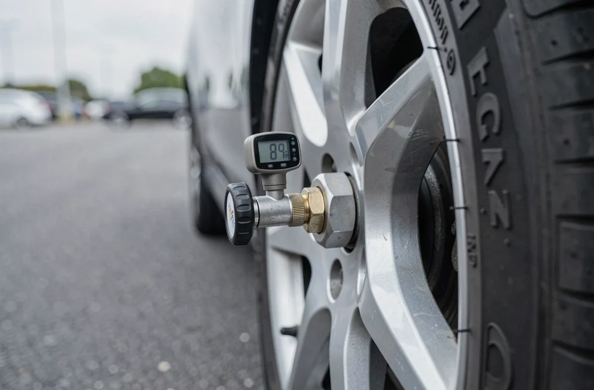 Gros plan sur un manomètre numérique fixé sur la valve d'un pneu de voiture avec lecture de pression en PSI