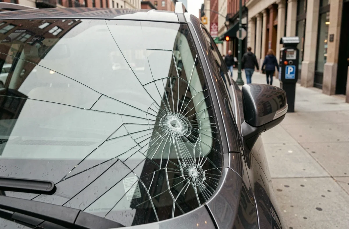 Gros plan sur un pare-brise de SUV fissuré avec des craquelures en toile d'araignée sur une rue urbaine