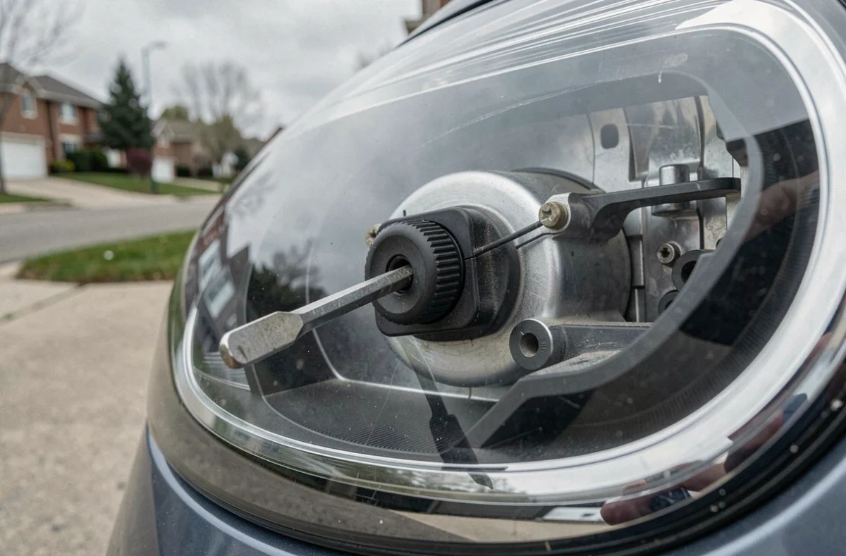 Gros plan sur la vis de réglage de hauteur d'un phare Renault Clio 5