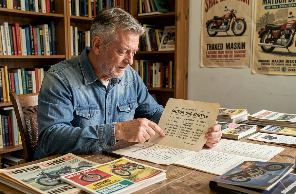 Historien de la moto consultant des archives et catalogues anciens sur l'étymologie du mot moto