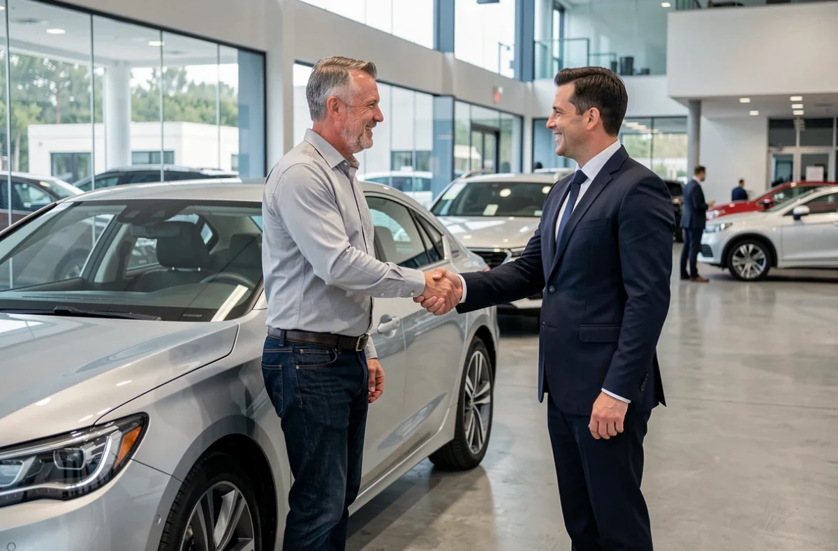 Homme signant un accord de LOA avec un vendeur dans une concession automobile moderne