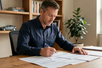 Homme de 40 ans examinant ses documents d'assurance auto après 6 ans de bonus, assis à un bureau en bois dans un bureau à domicile