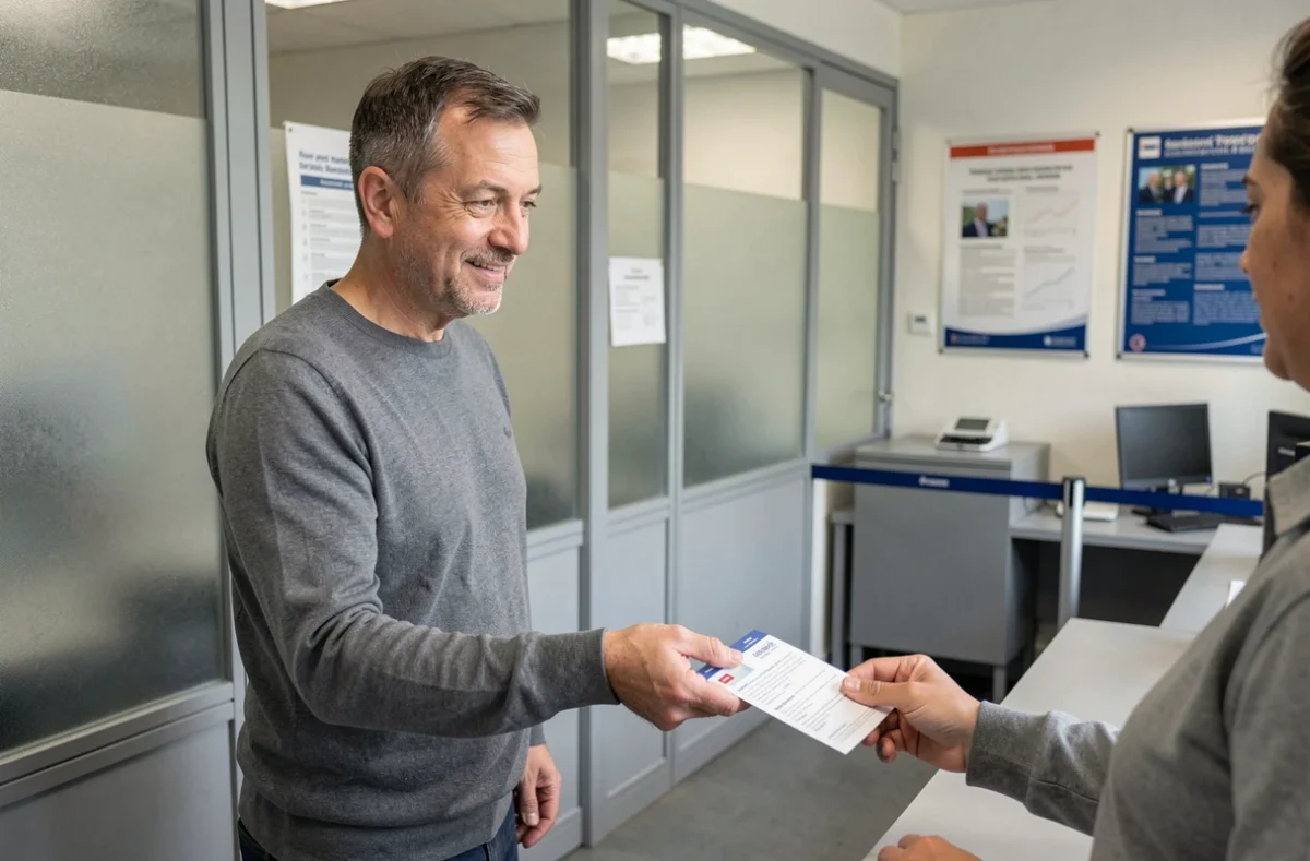 Homme déposant son permis de conduire et un justificatif de domicile au guichet d'une préfecture pour un changement d'adresse