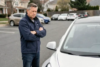 Un homme d'une quarantaine d'années debout à côté d'une Tesla Model 3 blanche dans un parking de banlieue, l'air pensif et hésitant