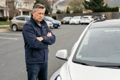 Un homme d'une quarantaine d'années debout à côté d'une Tesla Model 3 blanche dans un parking de banlieue, l'air pensif et hésitant