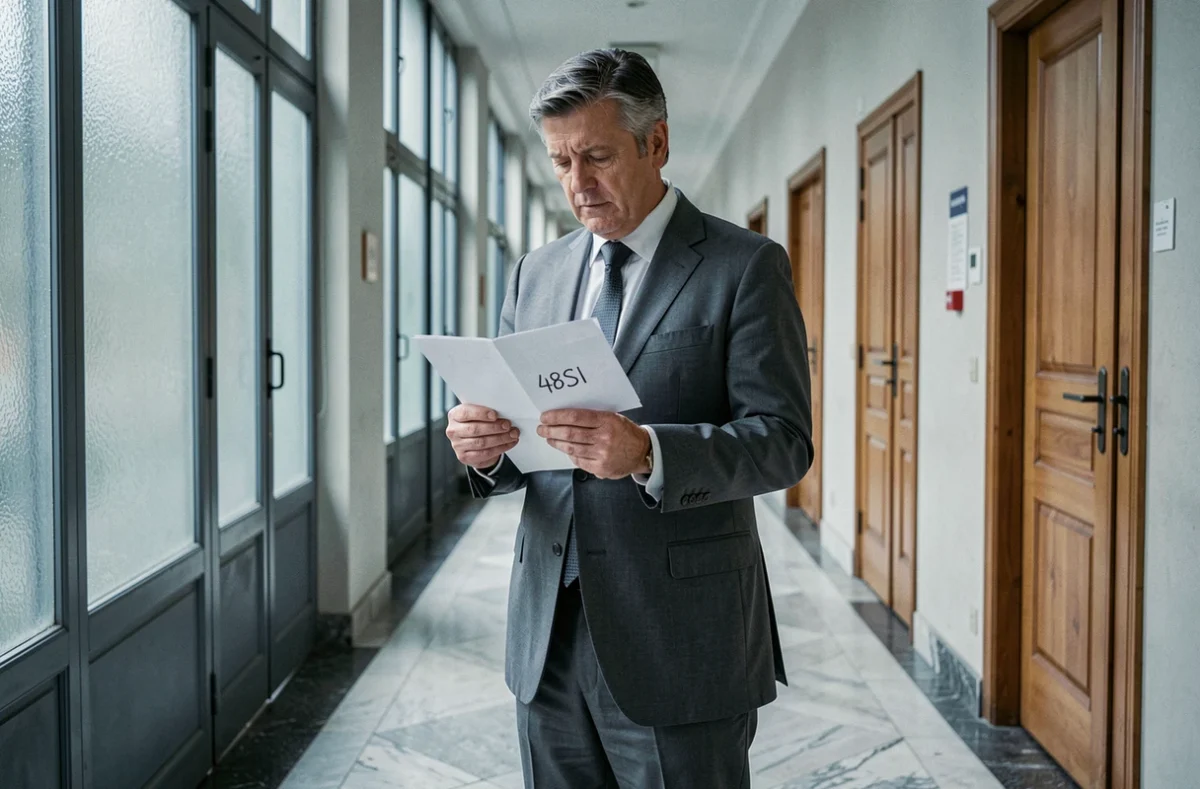 Homme tenant une lettre 48SI dans un couloir administratif gouvernemental