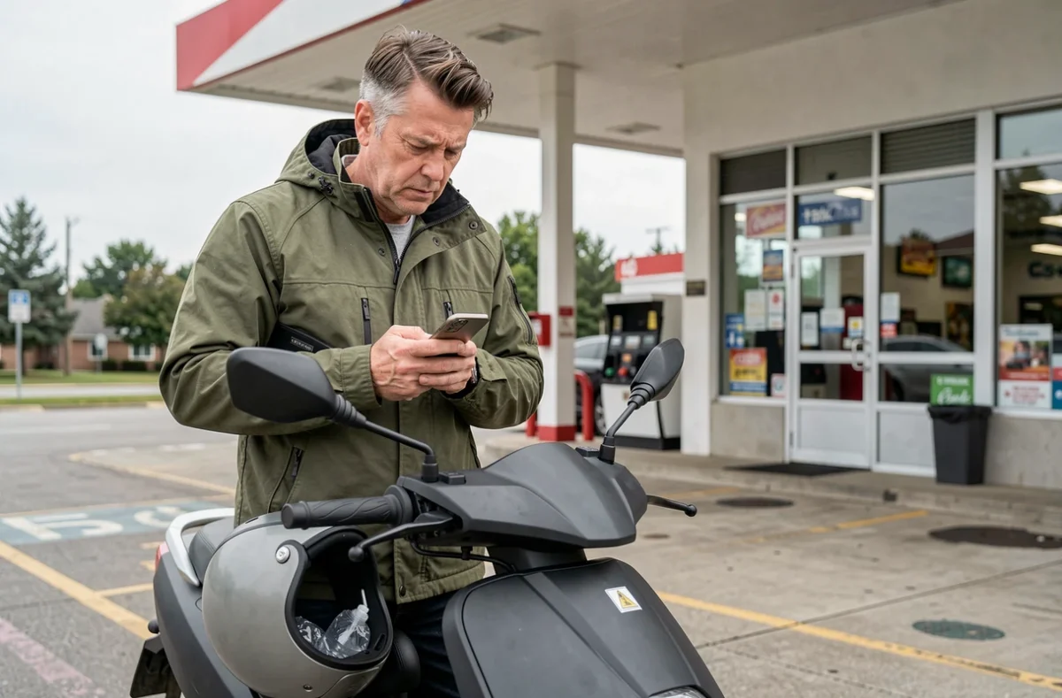 Homme consultant son téléphone à côté d'un scooter 50cc dans une station-service, cherchant des informations sur le permis requis