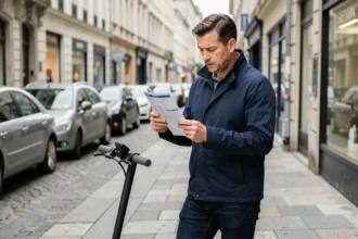 Homme tenant un document d'immatriculation à côté de sa trottinette électrique sur un trottoir urbain