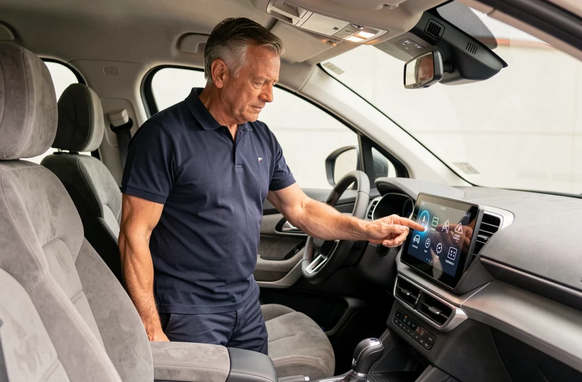 Ingénieur présentant les fonctionnalités du pack Safety Citroën sur l'écran tactile du tableau de bord