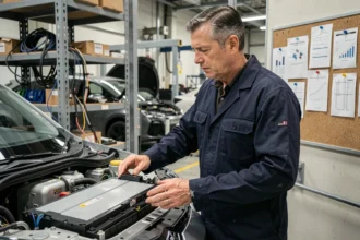 Ingénieur automobile examinant la batterie d'un véhicule électrique démonté dans une usine