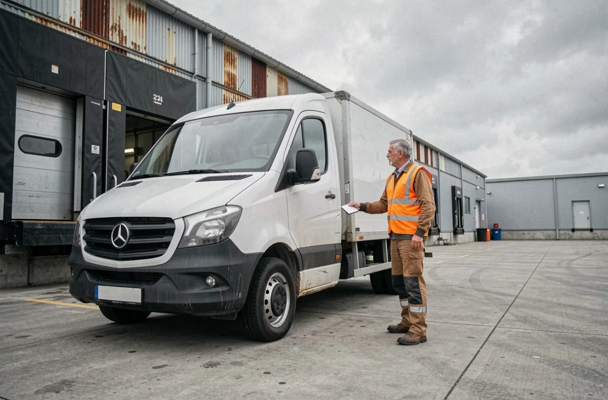 Chauffeur professionnel effectuant une inspection de véhicule utilitaire de 4250 kg dans un entrepôt logistique