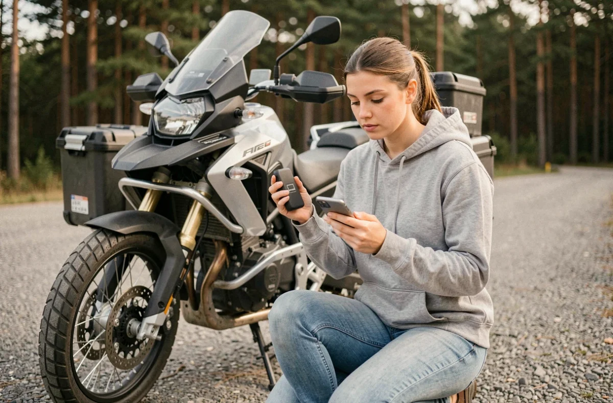 Femme installant un tracker Monimoto sur une moto adventure en forêt