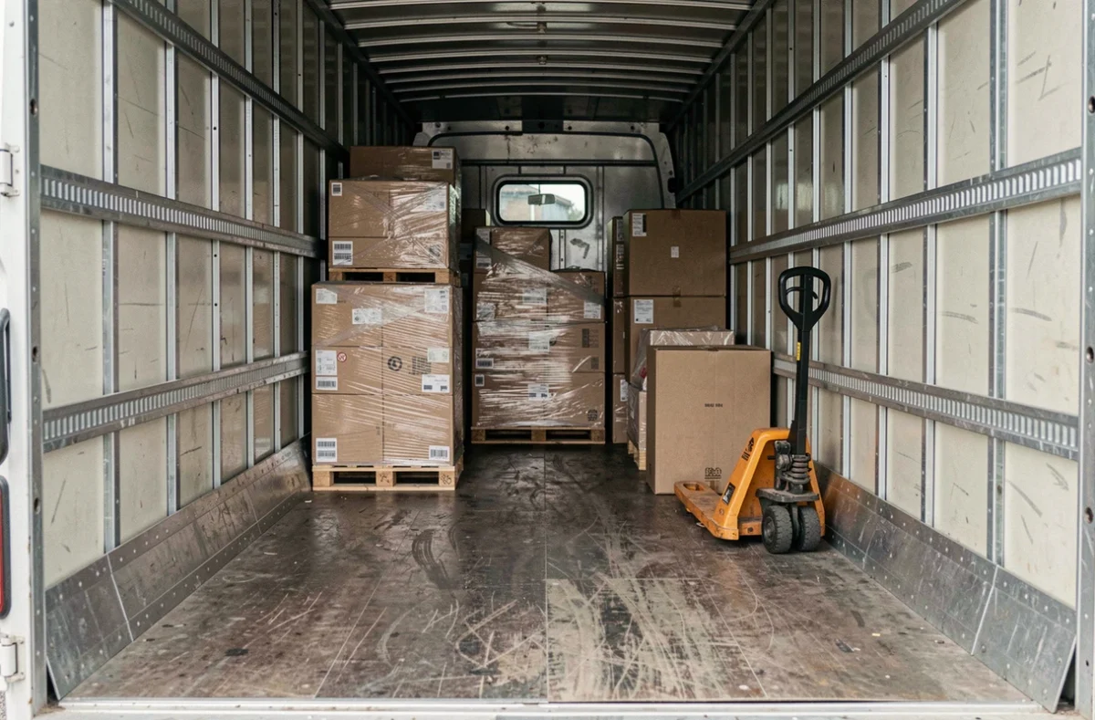 Intérieur de la remorque d'un camion 3,5 tonnes chargé de palettes et de colis avec vue sur le volume utile
