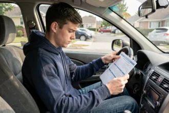 Jeune conducteur consultant des documents d'assurance auto dans son véhicule garé dans une rue résidentielle
