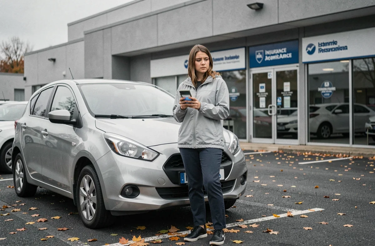 Jeune conductrice devant une agence d'assurance comparant des offres sur son smartphone en automne
