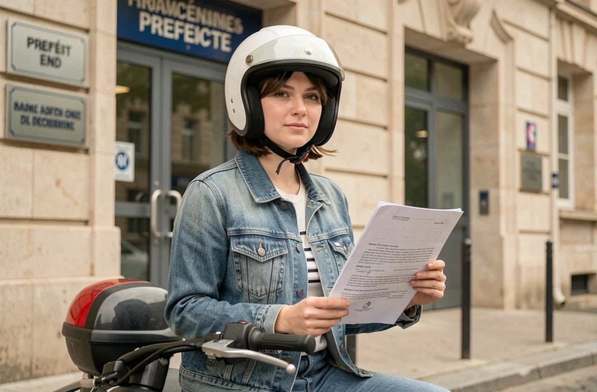 Jeune femme avec document d'exemption devant une préfecture française sur un scooter, illustration des démarches de dispense de BSR