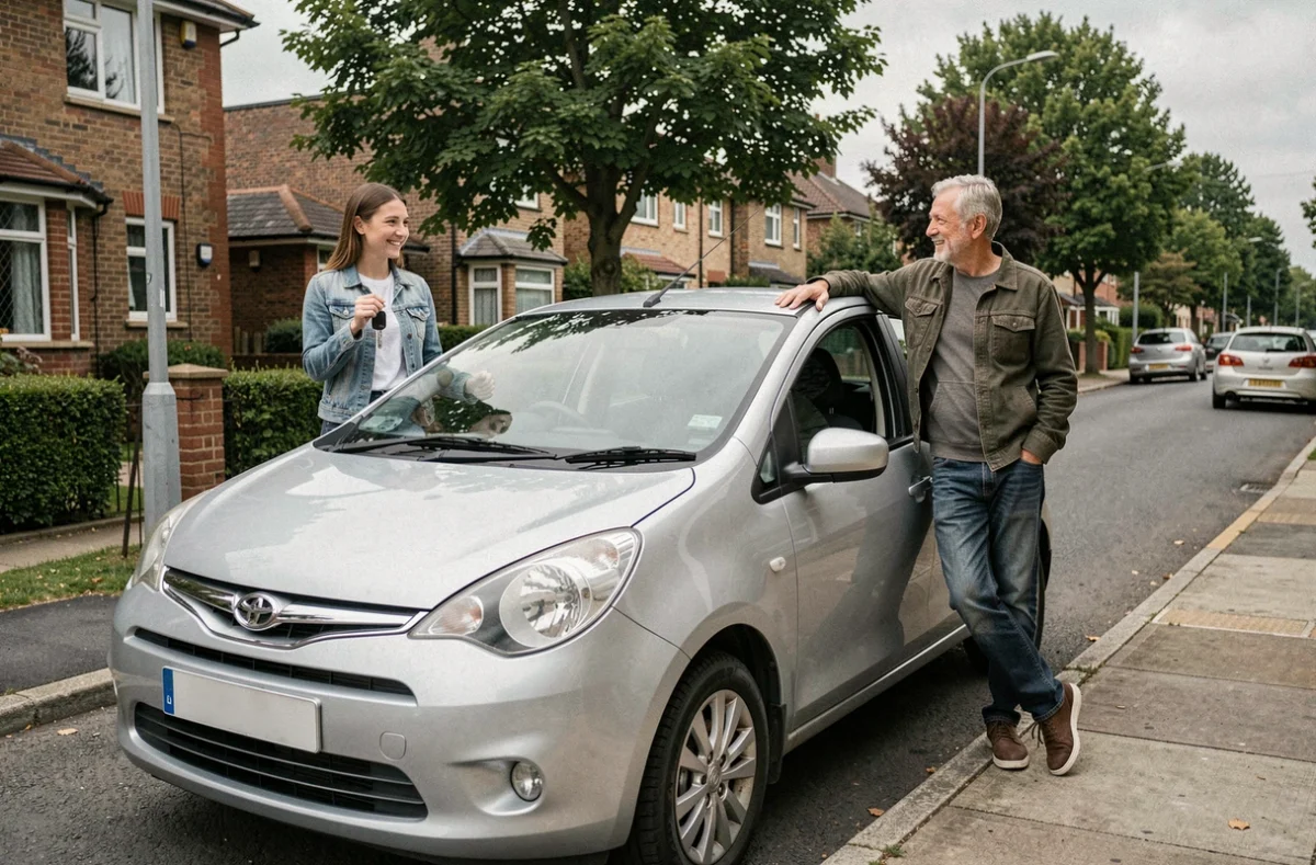 Jeune femme et son père devant une voiture compacte dans une rue résidentielle, remise des clés