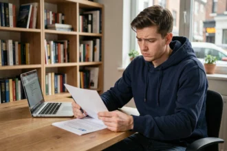 Jeune homme lisant des documents administratifs sur le BSR à son bureau à domicile