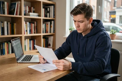 Jeune homme lisant des documents administratifs sur le BSR à son bureau à domicile