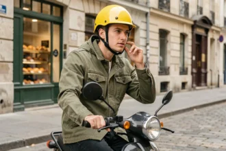 Jeune homme avec casque jaune assis sur un scooter 50cc dans une rue pavée française