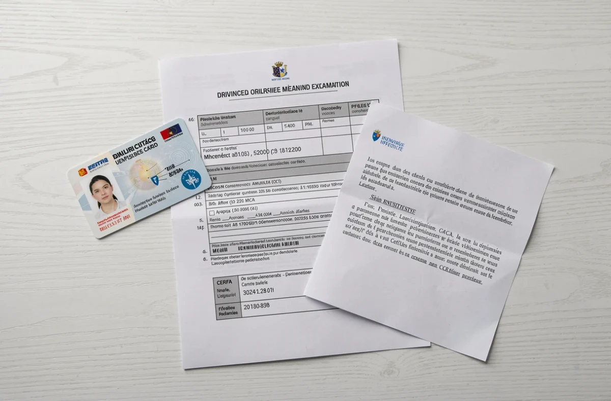 Vue rapprochée des documents nécessaires pour la visite médicale du permis de conduire disposés sur un bureau