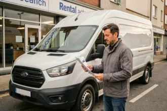 Homme inspectant un utilitaire blanc devant une agence de location avec un devis en main