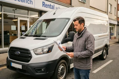 Homme inspectant un utilitaire blanc devant une agence de location avec un devis en main