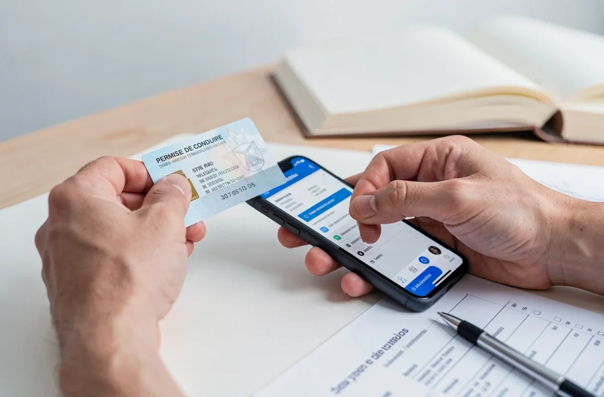 Gros plan sur des mains tenant un permis de conduire français et un smartphone pour effectuer un renouvellement en ligne