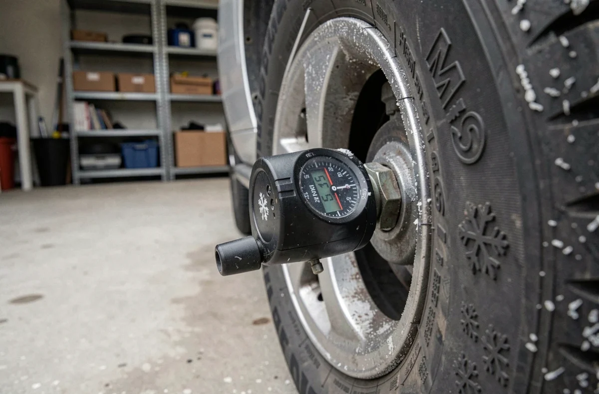 Gros plan sur un manomètre numérique fixé sur la valve d'un pneu hiver avec marquage M+S