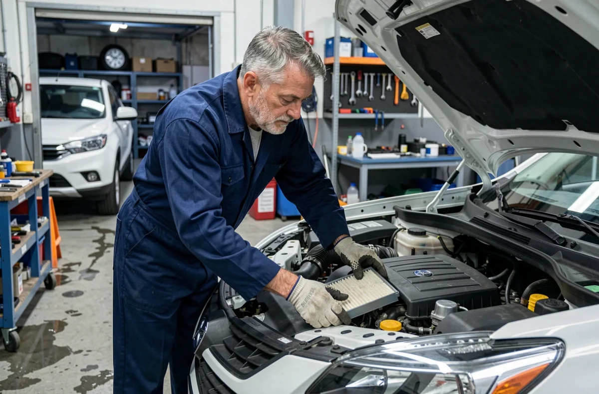 Mécanicien inspectant le filtre à air d'un moteur de SUV pour diminuer la pollution des gaz d'échappement