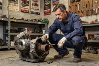 Mécanicien moto inspectant un moteur défaillant dans un atelier de réparation