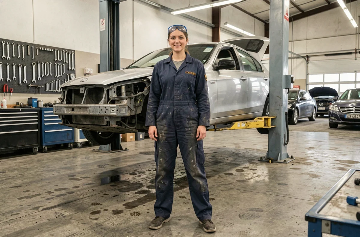 Mécanicienne professionnelle dans un garage automobile avec une voiture sur un pont élévateur, illustrant l'assurance garage