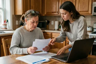 Mère et fille adulte consultant des documents d'assurance auto ensemble à la table de cuisine