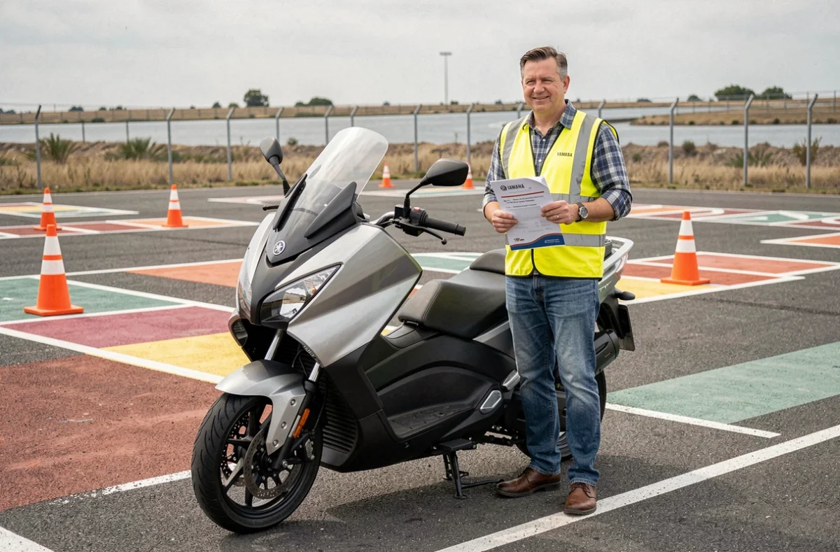 Moniteur d'auto-école tenant un livret réglementaire à côté d'un Yamaha TMAX sur un circuit de formation moto, illustrant les exigences de permis pour ce type de scooter